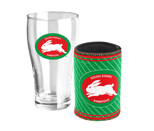 NRL SOUTH SYDNEY RABBITOHS PINT GLASS & CAN COOLER