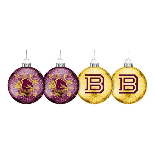 NRL BRISBANE BRONCOS XMAS GLITTER BAUBLES - SET OF 4