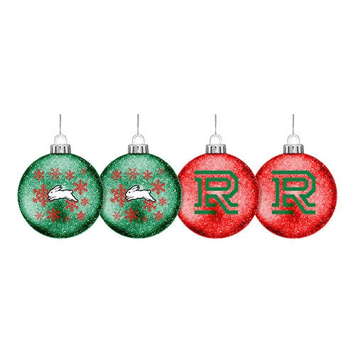 NRL SOUTH SYDNEY RABBITOHS XMAS GLITTER BAUBLES - SET OF 4