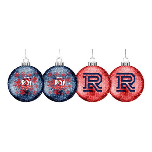 NRL SYDNEY ROOSTERS XMAS GLITTER BAUBLES - SET OF 4