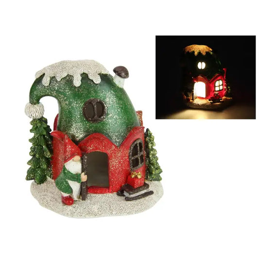 SANTA GNOME AT XMAS HOVEL CHRISTMAS ORNAMENT WITH LIGHTS