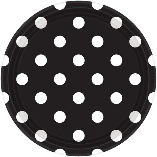 JET BLACK DOTS PAPER PLATES 17.8CM ROUND - PACK OF 8