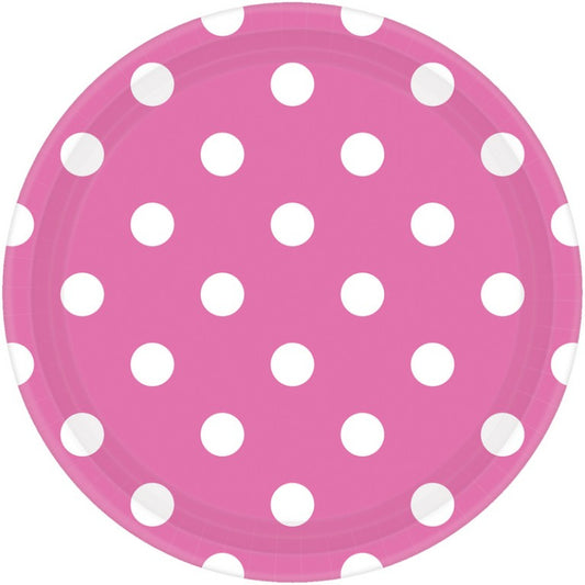 BRIGHT PINK DOTS PAPER PLATES 17.8CM ROUND - PACK OF 8