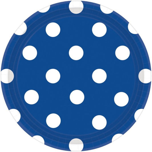 ROYAL BLUE DOTS PAPER PLATES 17.7CM ROUND - PACK OF 8