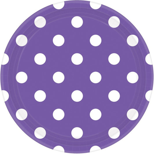 PURPLE DOTS PAPER PLATES 17.8CM ROUND - PACK OF 8