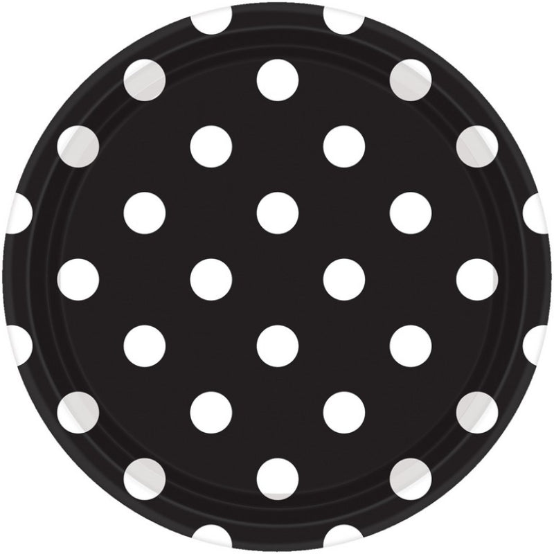 JET BLACK DOTS ROUND PAPER PLATES 22.9CM - PACK OF 8