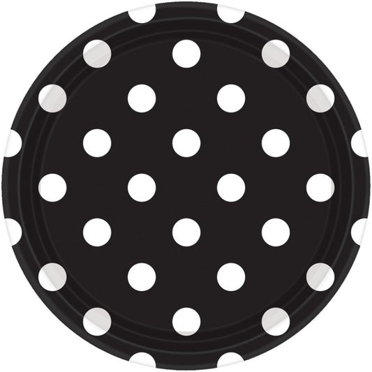 JET BLACK DOTS ROUND PAPER PLATES 22.9CM - PACK OF 8