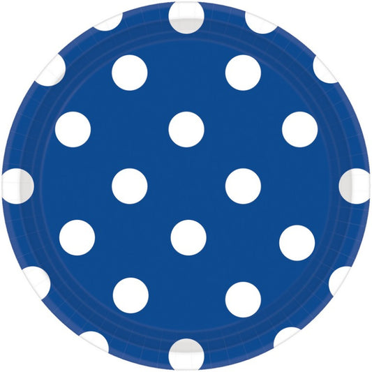 ROYAL BLUE DOTS PAPER PLATES 23CM ROUND - PACK OF 8