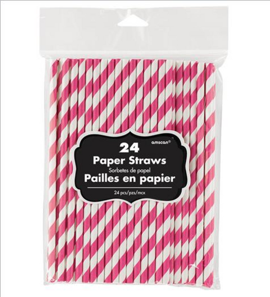 BRIGHT PINK & WHITE PAPER STRAWS - 24 PACK